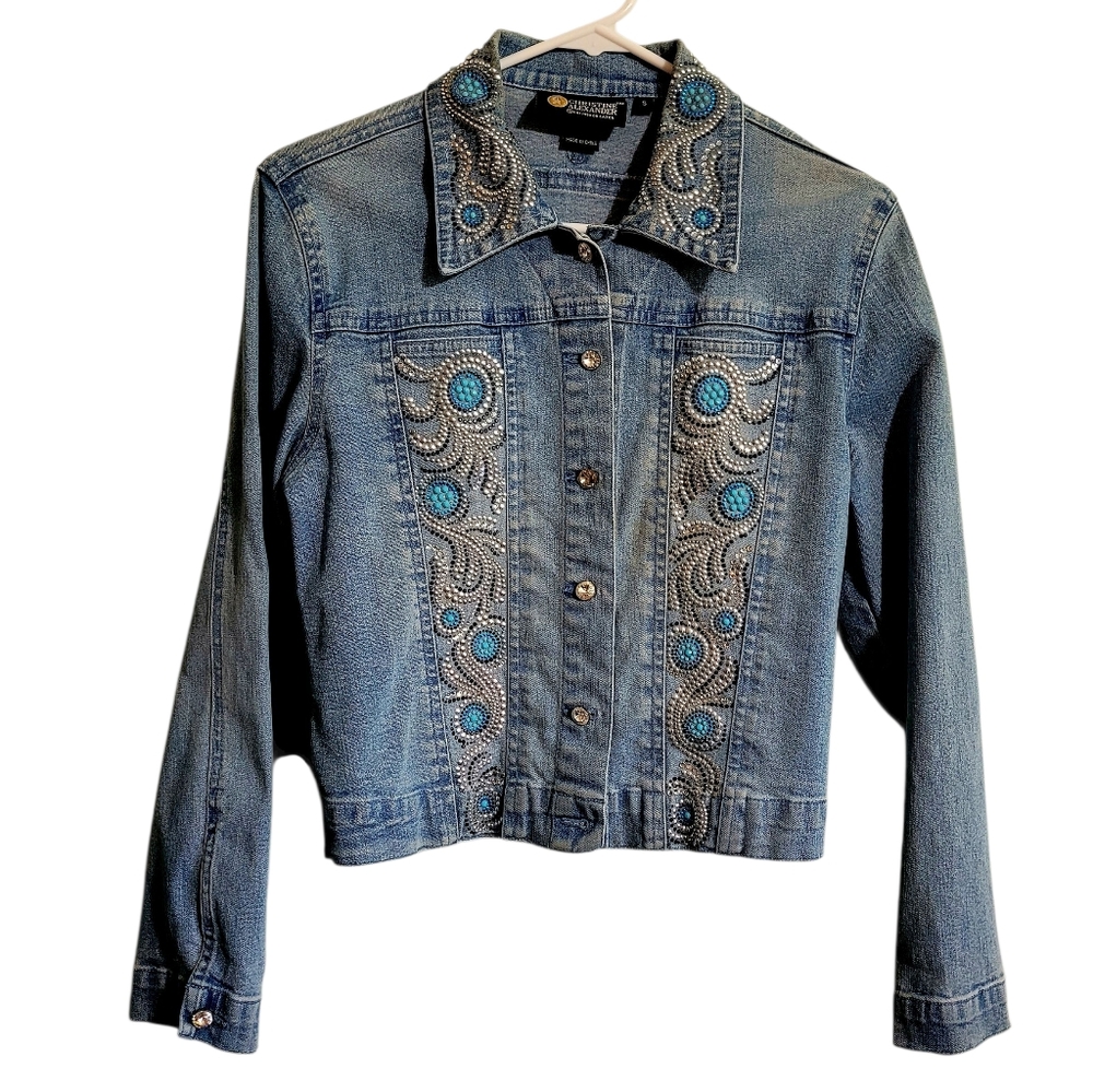 Christine Alexander Embellished Denim Jacket Swarovski Crystal Size S - Picture 2 of 8